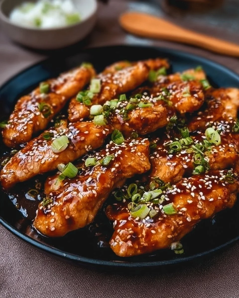 Delicious Korean chicken breasts served with sesame seeds and green onions.