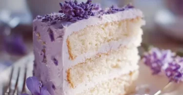Lavender Cake topped with luscious Lavender Buttercream frosting