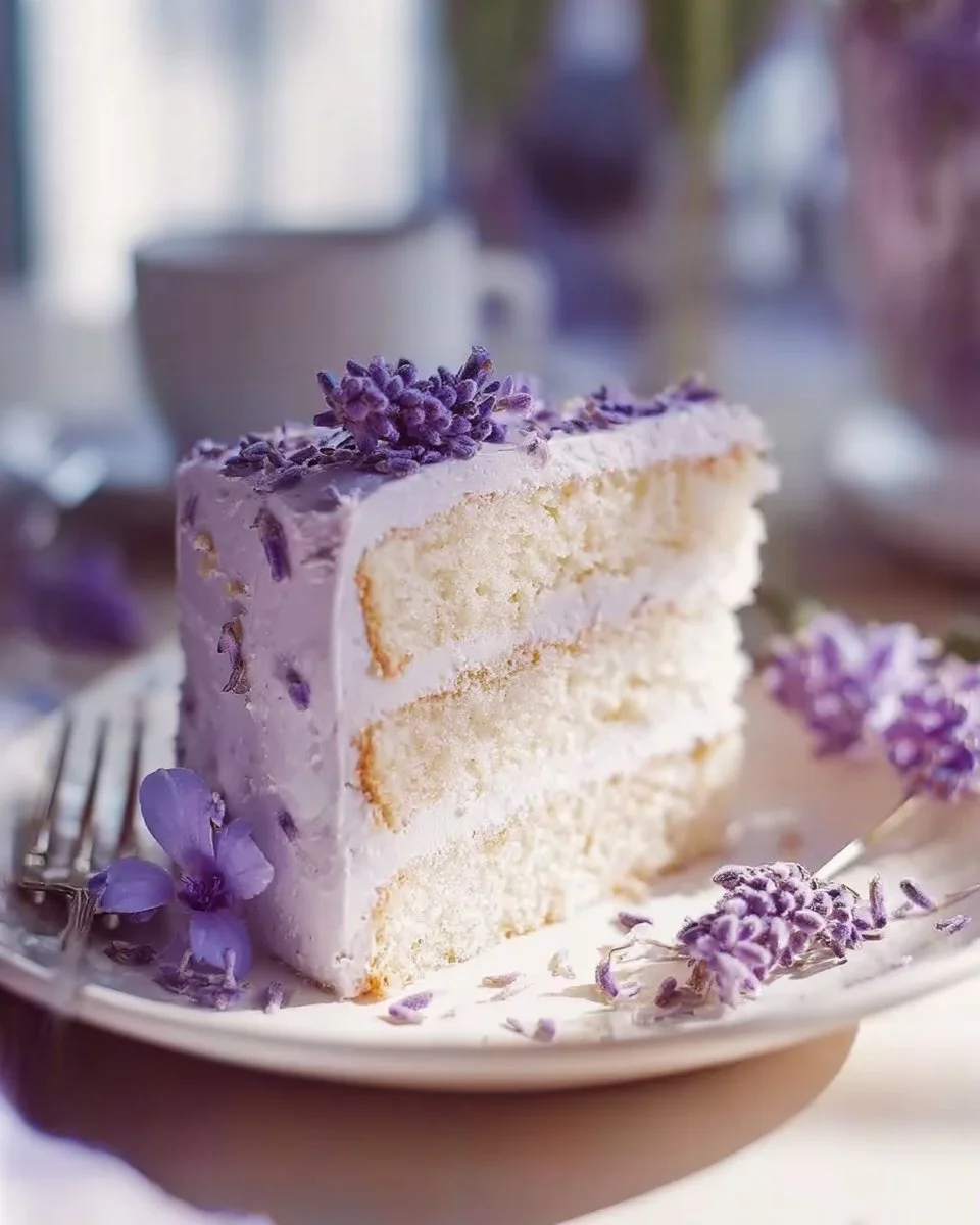 Lavender Cake topped with luscious Lavender Buttercream frosting