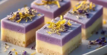 Lavender Lemon Cream Bars on a plate garnished with lavender flowers
