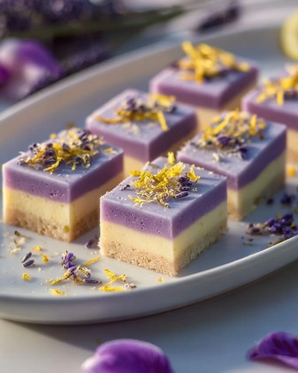 Lavender Lemon Cream Bars on a plate garnished with lavender flowers