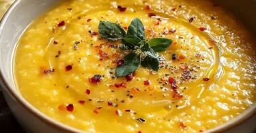Bowl of Lebanese Lemon Lentil Soup garnished with herbs and lemon slices.
