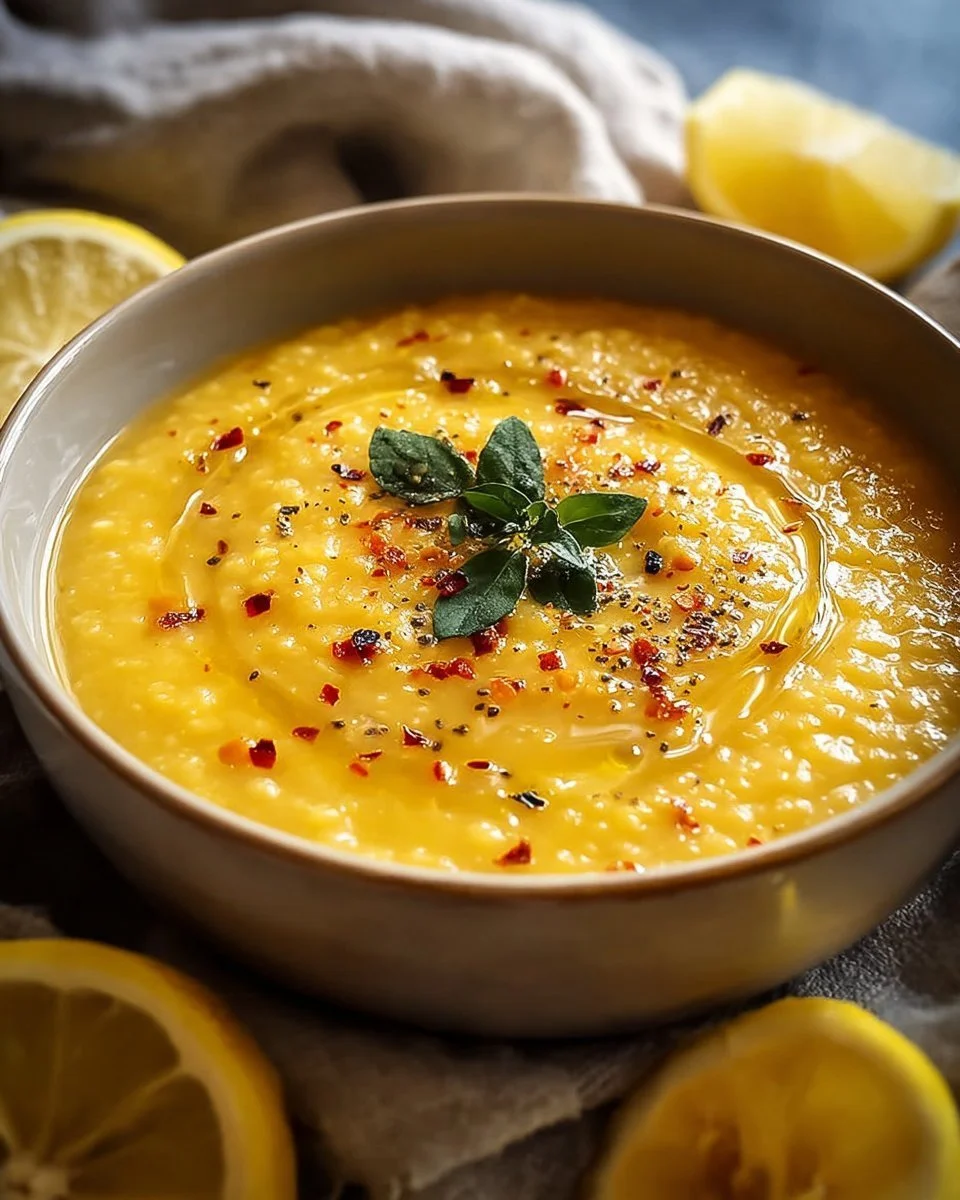 Bowl of Lebanese Lemon Lentil Soup garnished with herbs and lemon slices.