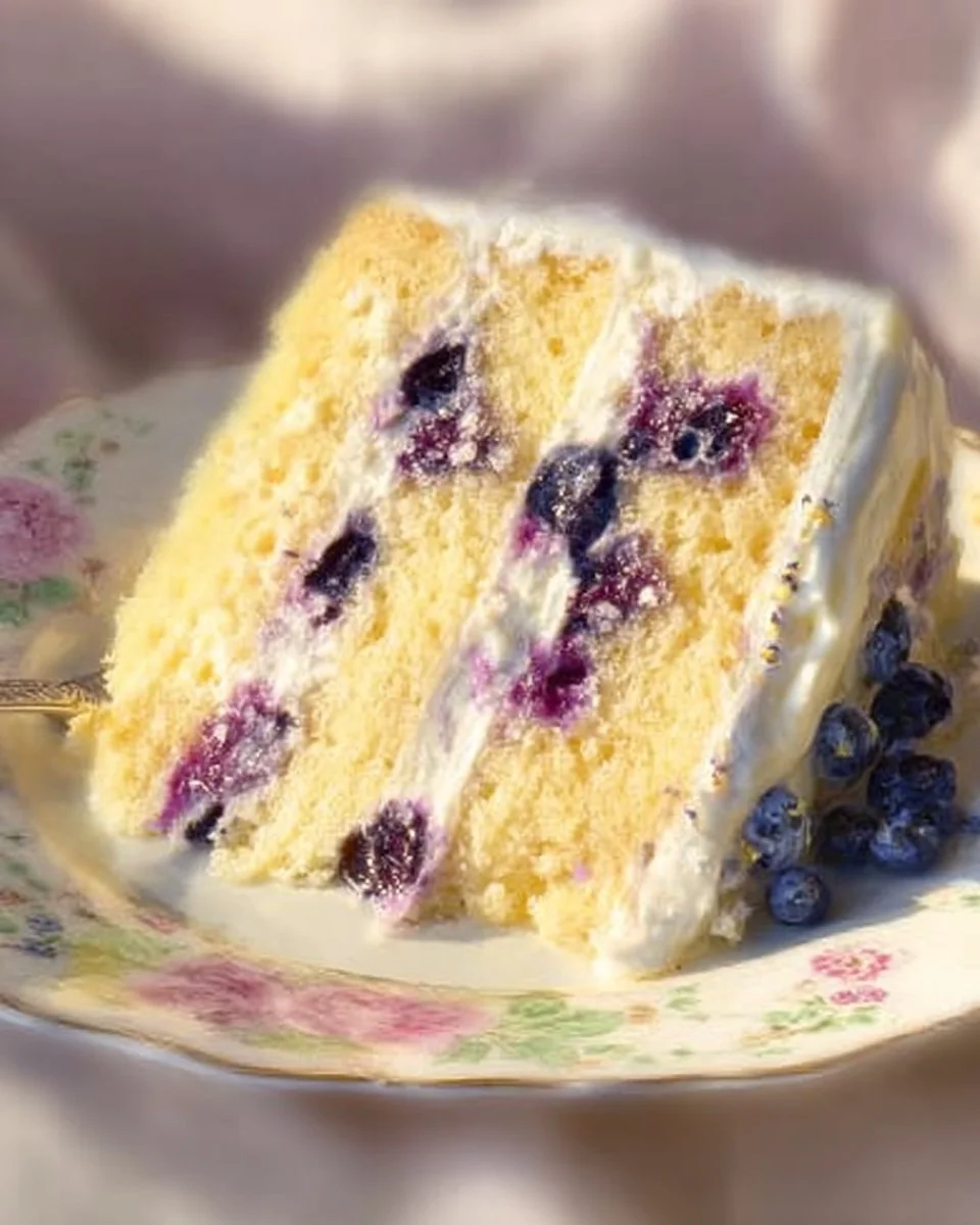 Slice of Lemon Blueberry Cake topped with fresh blueberries