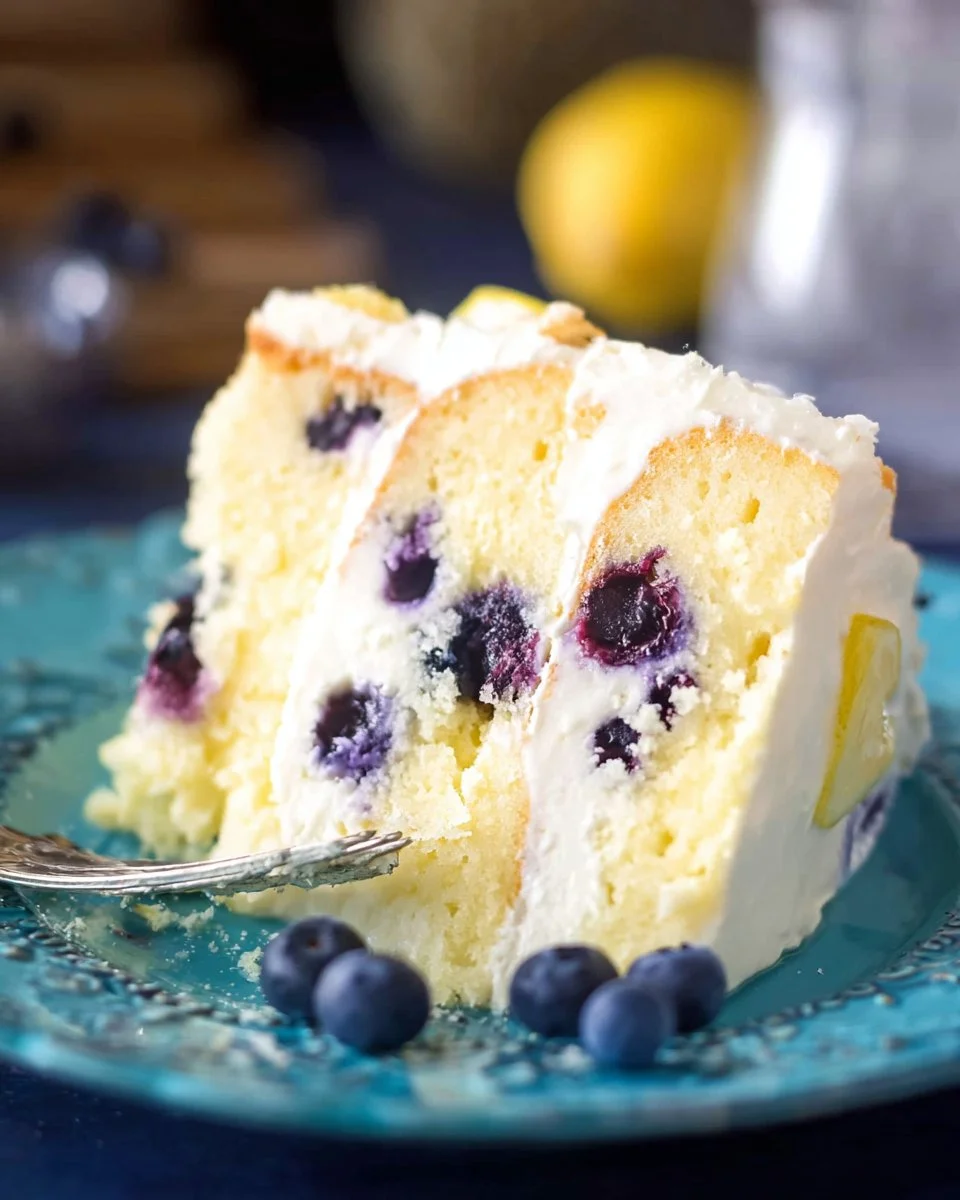 Lemon blueberry cake topped with mascarpone frosting, showcasing vibrant colors and textures.
