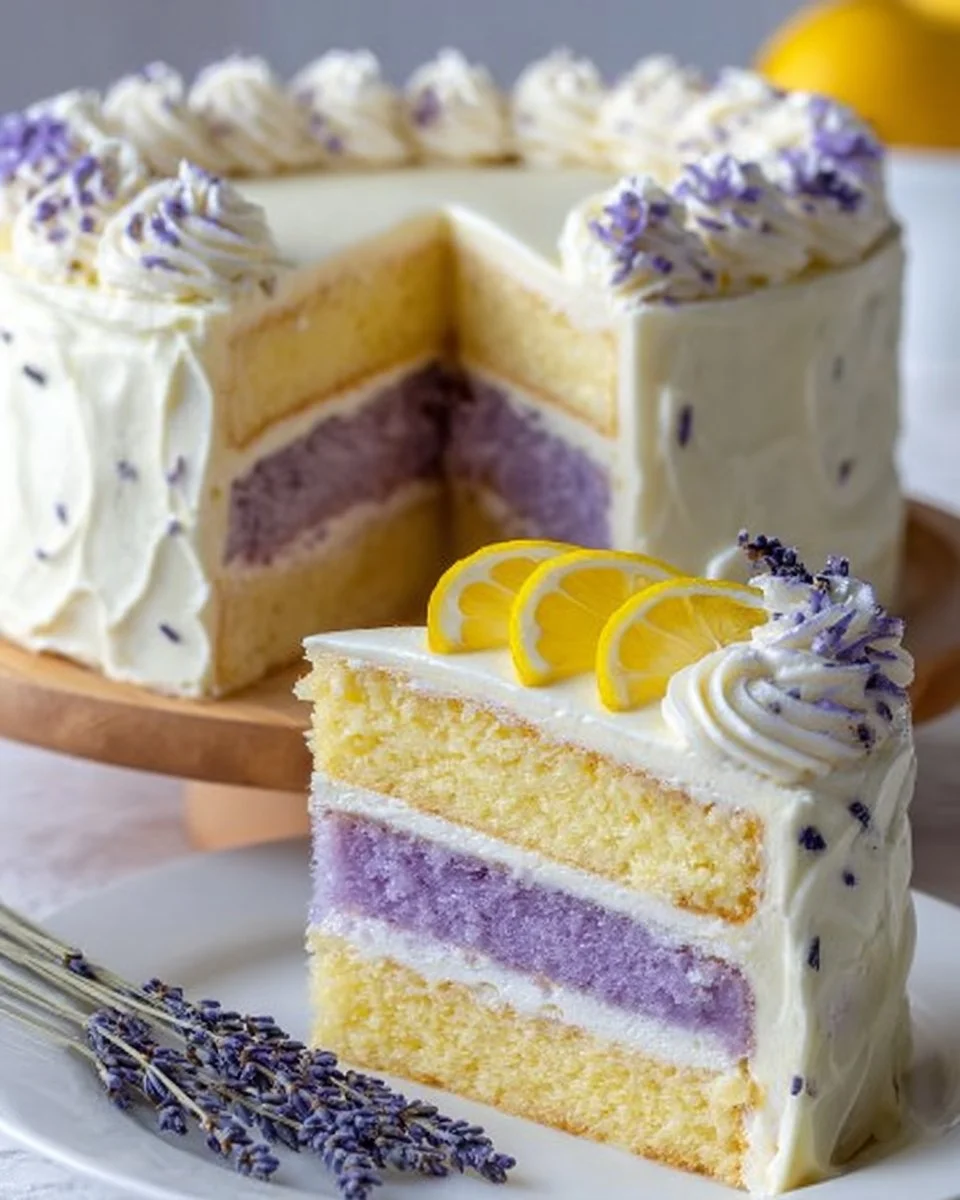Lemon lavender cake with frosting and edible lavender flowers on a plate.