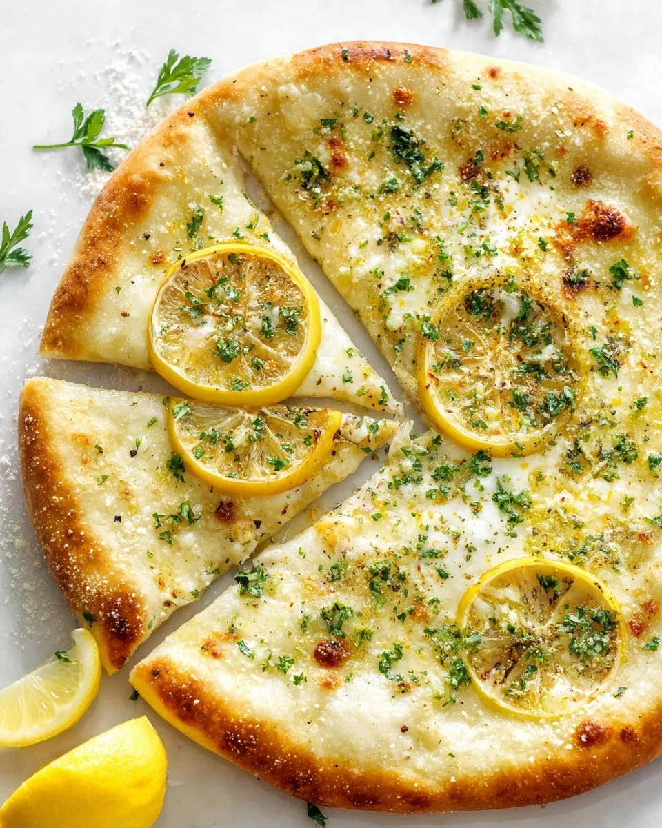 Lemon Pizza with lemon slices and fresh herbs