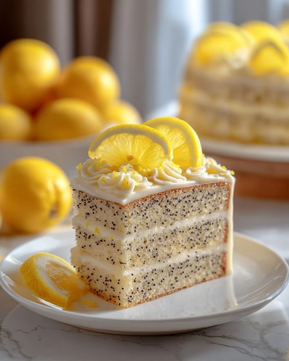 Sliced lemon poppy seed cake garnished with lemon zest and poppy seeds