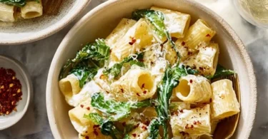 Lemon Ricotta Pasta with Arugula garnished with fresh herbs