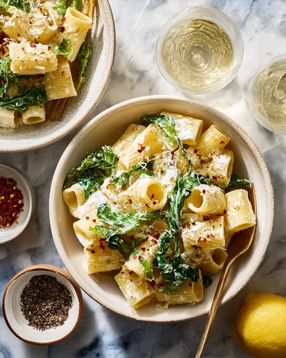 Lemon Ricotta Pasta with Arugula garnished with fresh herbs