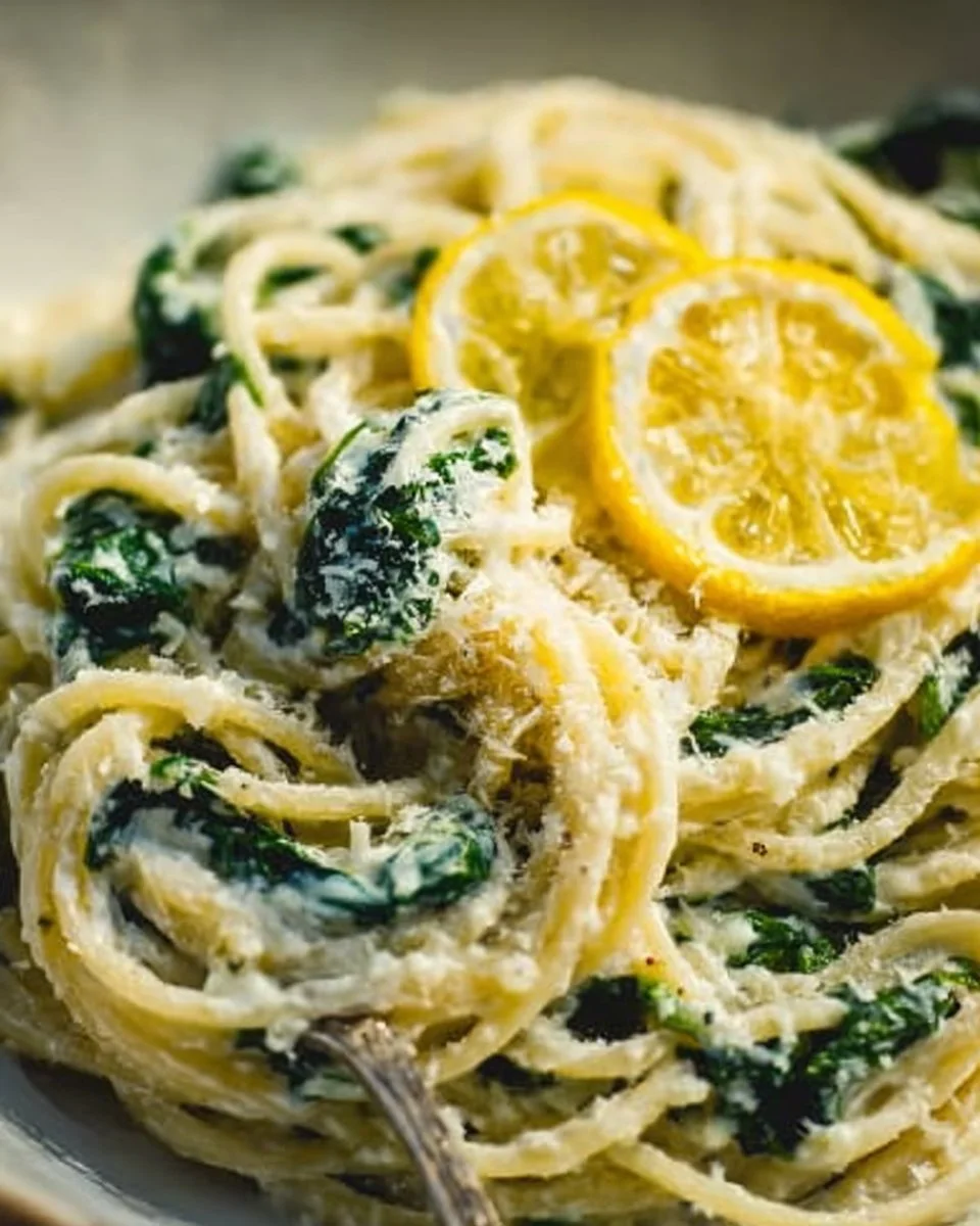 Delicious Lemon Ricotta Pasta with Spinach served in a bowl