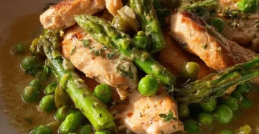 Lemon spring chicken and asparagus skillet meal served in a cast iron pan