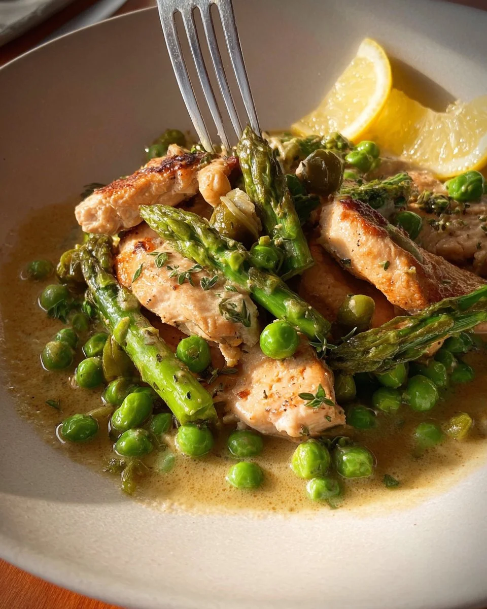 Lemon spring chicken and asparagus skillet meal served in a cast iron pan