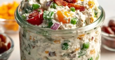 A colorful loaded cottage cheese salad topped with fresh vegetables and herbs