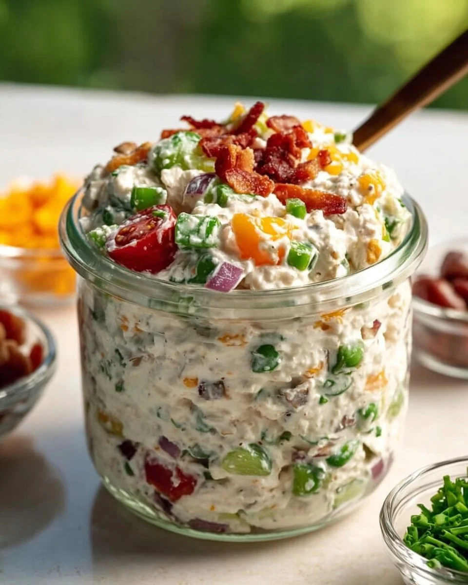 A colorful loaded cottage cheese salad topped with fresh vegetables and herbs