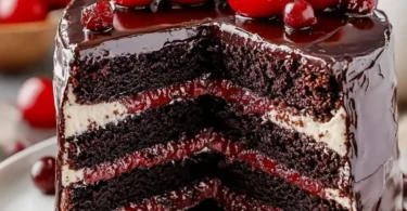 Luxurious Black Forest Cake with chocolate layers and cherries