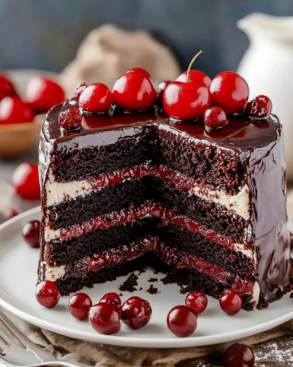 Luxurious Black Forest Cake with chocolate layers and cherries
