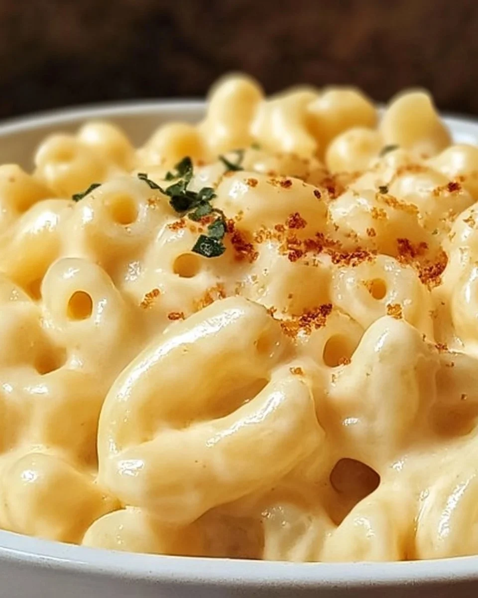 Creamy mac and cheese topped with cream cheese in a delicious dish.