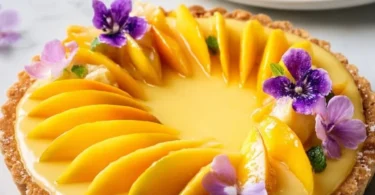 Delicious Mango Curd Tart with creamy mango filling on a flaky crust