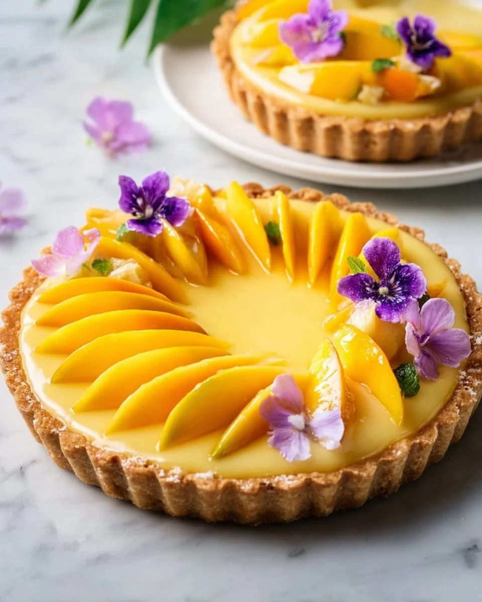 Delicious Mango Curd Tart with creamy mango filling on a flaky crust