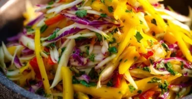 Mango Slaw with fresh mango, cabbage, and dressing in a bowl