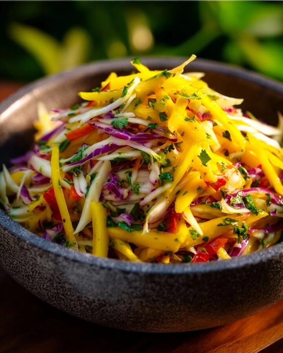 Mango Slaw with fresh mango, cabbage, and dressing in a bowl