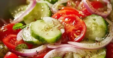 Marinated cucumber, onion, and tomato salad in a bowl