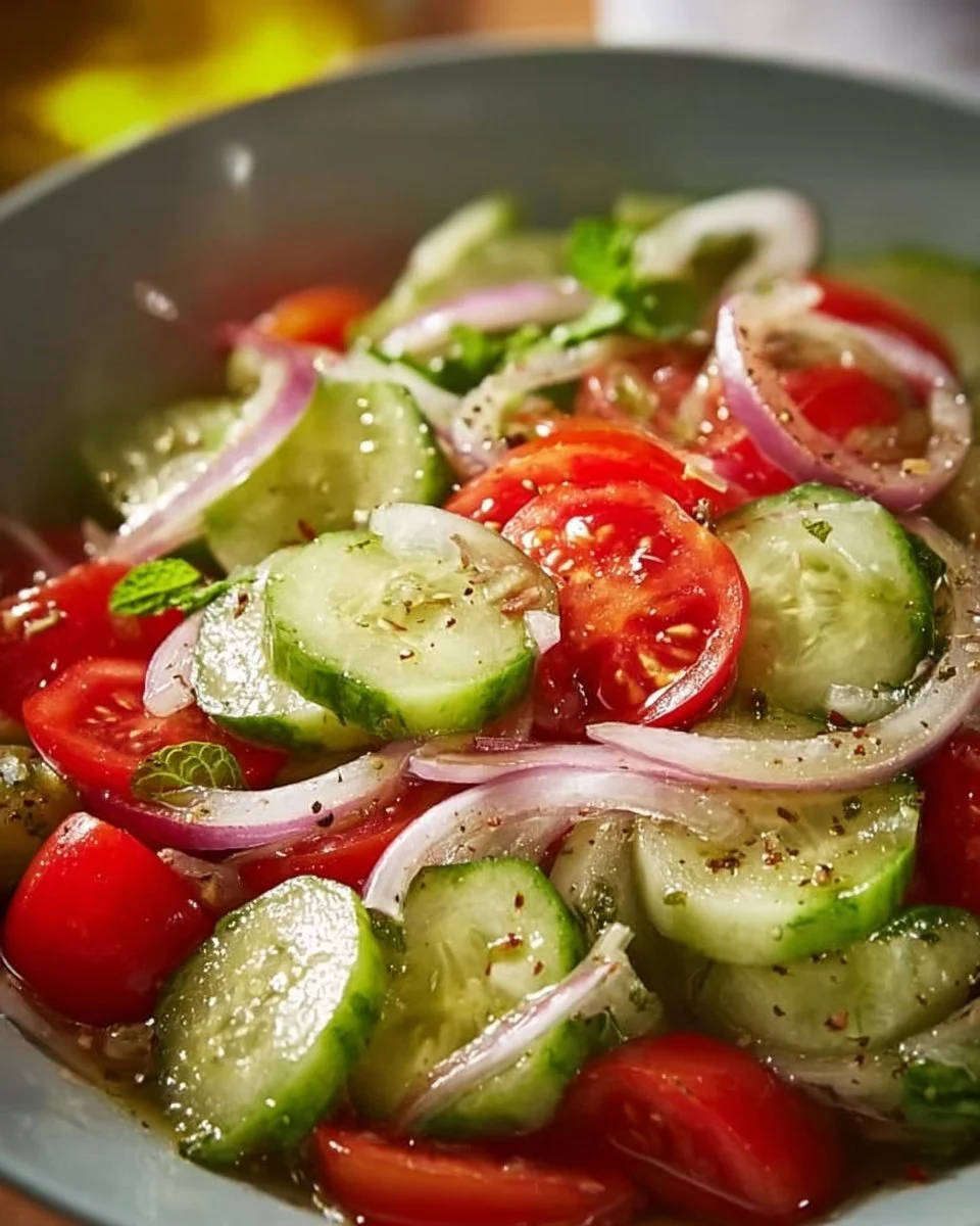Marinated cucumber, onion, and tomato salad in a bowl