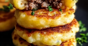 Savory mashed potato pancakes filled with ground beef, served on a plate.