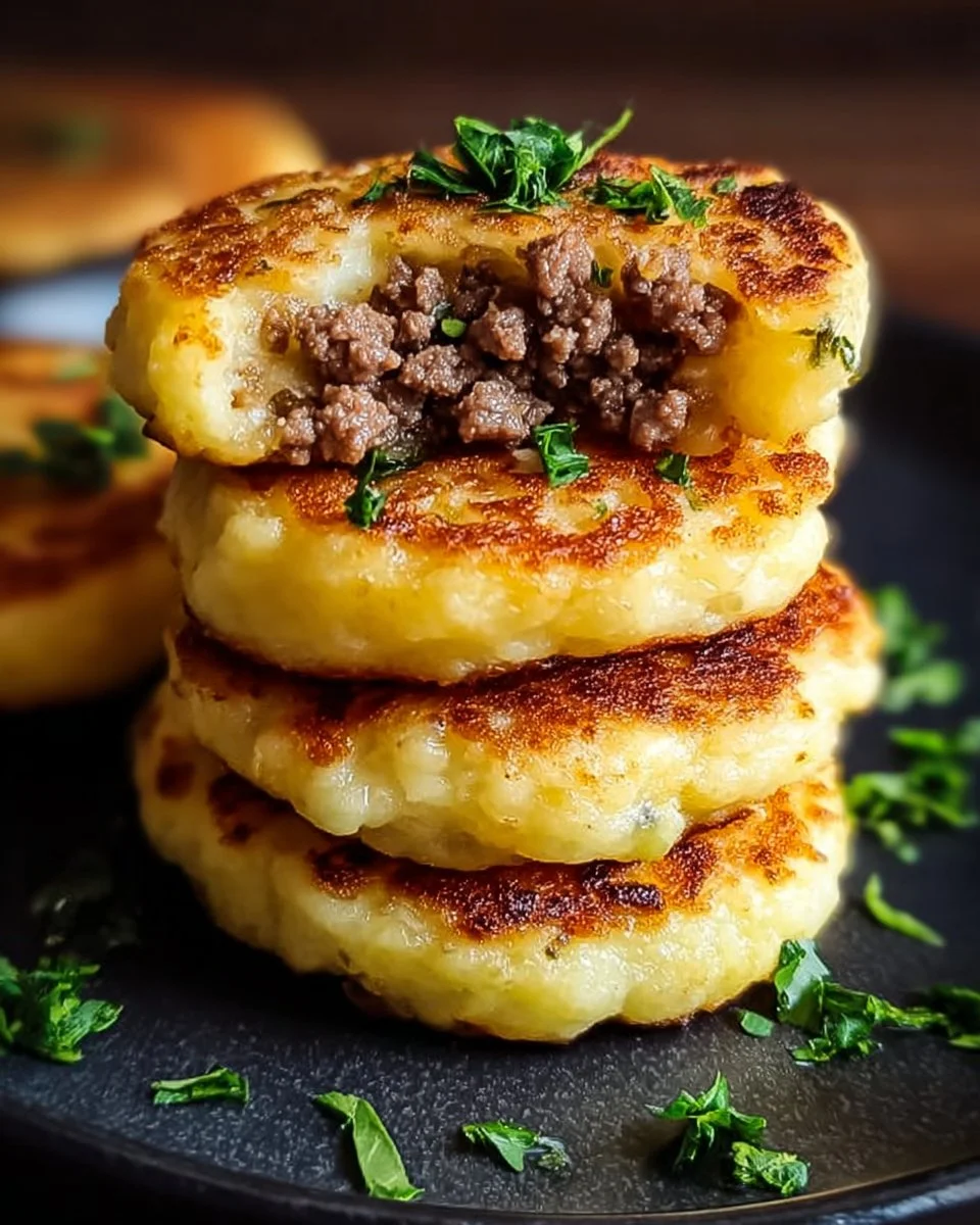 Savory mashed potato pancakes filled with ground beef, served on a plate.