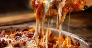 Delicious Meat Lovers Pizza Casserole with layers of cheese and assorted meats