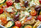 Mediterranean Chicken Zucchini Bake topped with herbs and spices in a casserole dish.
