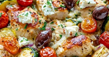 Mediterranean Chicken Zucchini Bake topped with herbs and spices in a casserole dish.