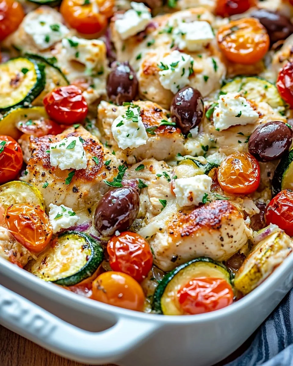 Mediterranean Chicken Zucchini Bake topped with herbs and spices in a casserole dish.