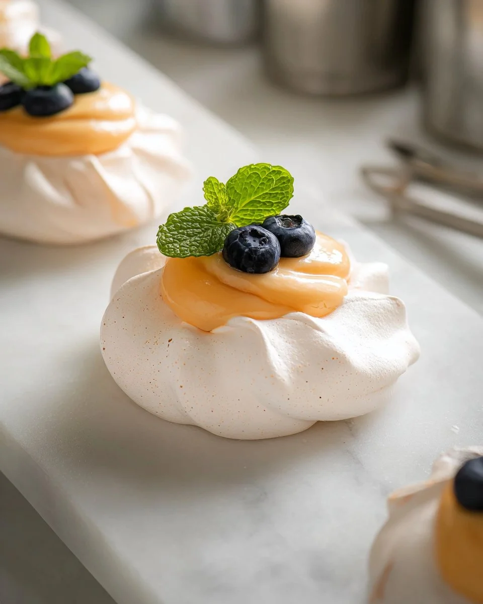 Meringues topped with vibrant citrus curd on a stylish dessert plate.