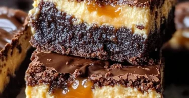Milky Way caramel cheesecake brownies with rich chocolate and creamy layers