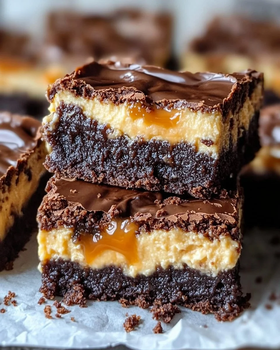 Milky Way caramel cheesecake brownies with rich chocolate and creamy layers