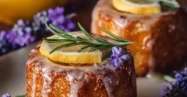 Mini lemon cakes drizzled with lavender glaze on a white plate