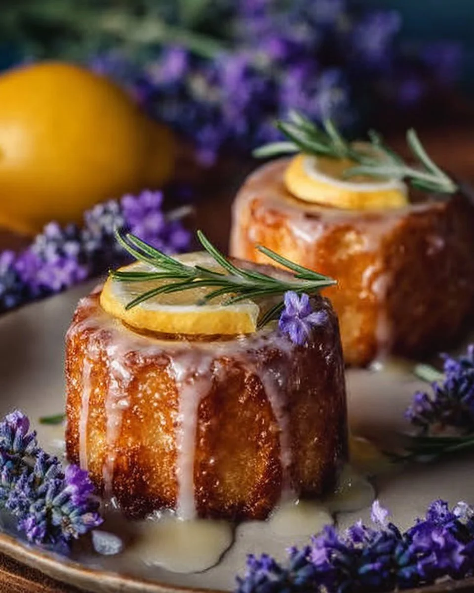 Mini lemon cakes drizzled with lavender glaze on a white plate