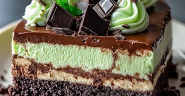 Mint Chocolate Fudge Cheesecake Cake topped with chocolate and mint garnish