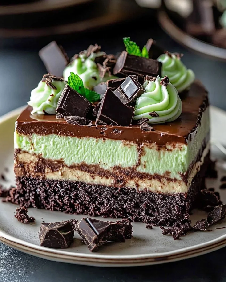 Mint Chocolate Fudge Cheesecake Cake topped with chocolate and mint garnish