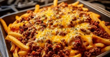 Delicious nacho fries topped with cheese and jalapeños