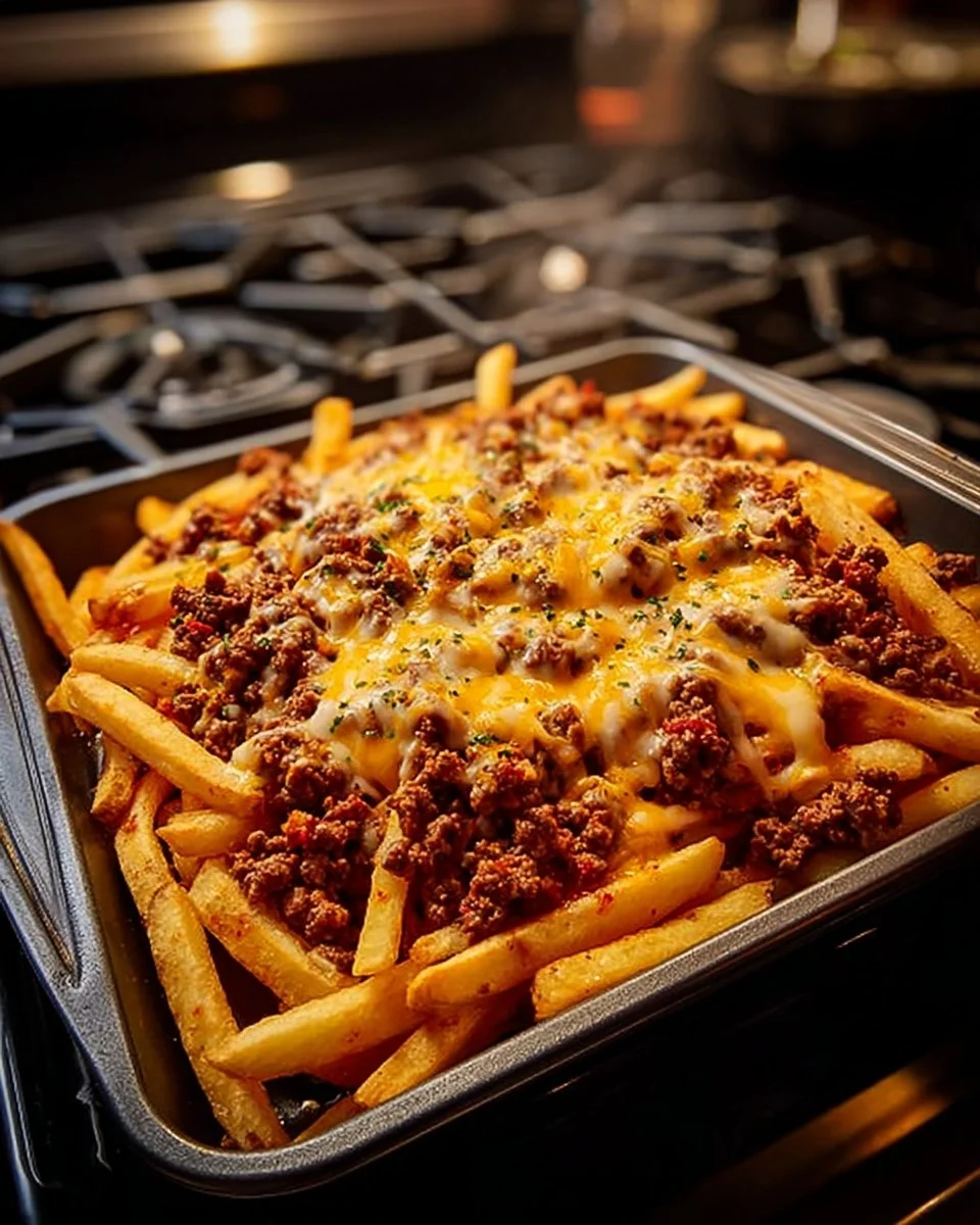 Delicious nacho fries topped with cheese and jalapeños