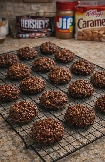 No-Bake Chocolate Caramel Crunch Cookies topped with crunchy bits and drizzled caramel