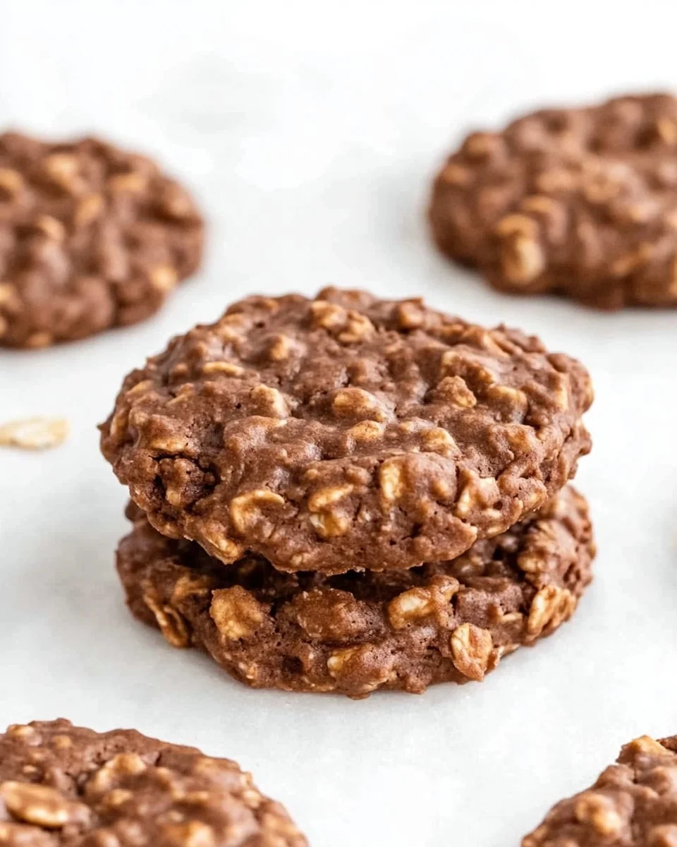 Delicious no bake cookies served on a plate with chocolate drizzle.