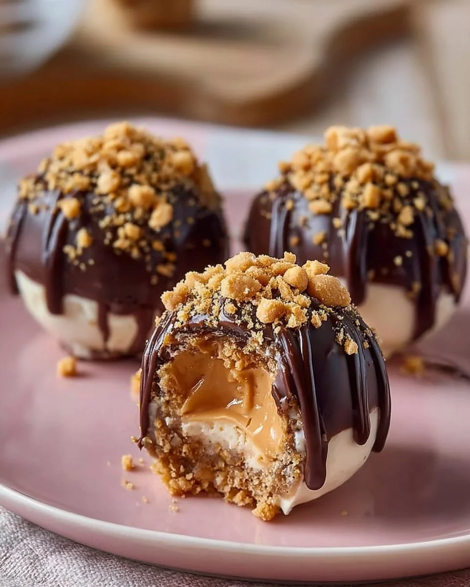 No-bake peanut butter cheesecake balls with chocolate drizzle on a plate.