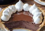 A slice of old-fashioned chocolate pie with a rich, creamy filling