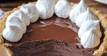 A slice of old-fashioned chocolate pie with a rich, creamy filling