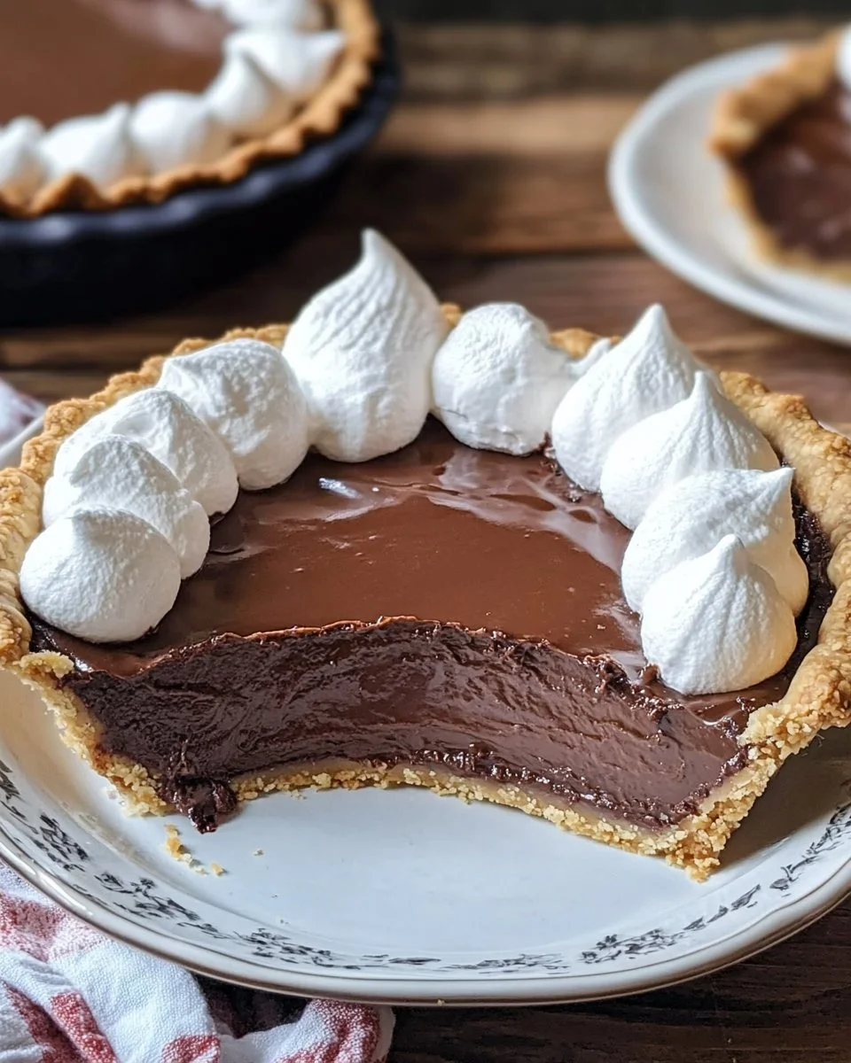 A slice of old-fashioned chocolate pie with a rich, creamy filling