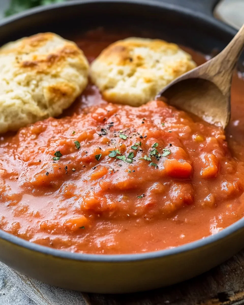 Delicious Old-Fashioned Southern Tomato Gravy served over biscuits